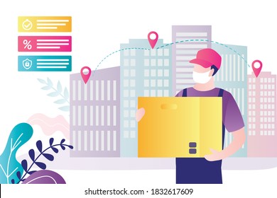 Courier in medical mask delivers parcel. Male character works in delivery service. Handsome man holding box. Safe delivery during the coronavirus epidemic. Banner in trendy style. Vector illustration