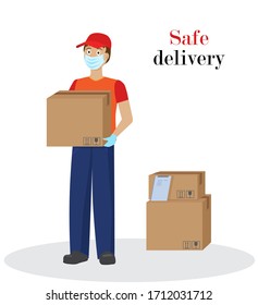 Courier in medical mask delivers parcels. Delivery service concept while quarantine. Deliveryman isolated on a white background