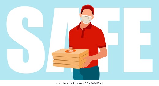 A courier in a medical mask delivers pizza during the coronavirus pandemic. Safe delivery during an epidemic. Delivery home and office. City logistics.