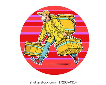 courier in a medical mask. food delivery during the epidemic. Pop art retro vector illustration kitsch vintage 50s 60s style