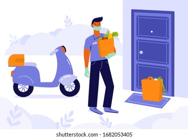 Courier in a medical mask and medical gloves delivers grocery products from the supermarket to the door with a motorbike. Non contact delivery to prevent the spread of the corona virus.