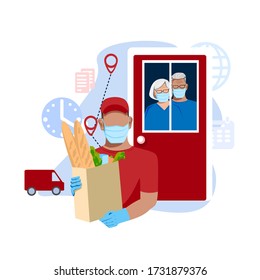 Courier in medical mask and gloves delivers the package. Quarantine. Social distance. Vector illustration.