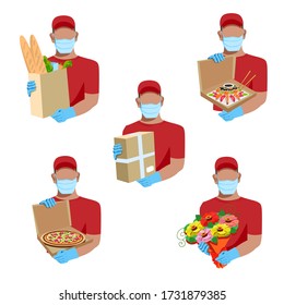 Courier in medical mask and gloves delivers the package. Quarantine. Social distance. Vector illustration.