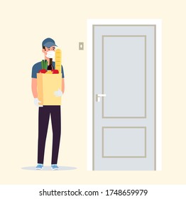 Courier in a medical mask  and gloves holding grocery bags near the apartment door. Vector flat style illustration