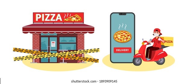 A courier in a medical mask and gloves on a scooter delivers pizza. Restaurants are closed. COVID-19. Quarantine in the city. Coronavirus epidemic. Stay home concept. Vector illustration