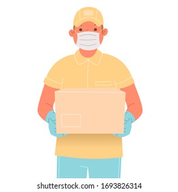 Courier in a medical mask and gloves with a parcel. Delivery service worker during coronavirus outbreak COVID-19. Vector illustration in a flat style