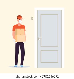 Courier in a medical mask  and gloves puts the order near the apartment door. Vector flat style illustration