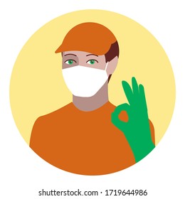 A courier in a medical mask and gloves shows ok gesture. Calm young guy in an orange t-shirt and a baseball cap.
Vector flat illustration isolated on white background.
