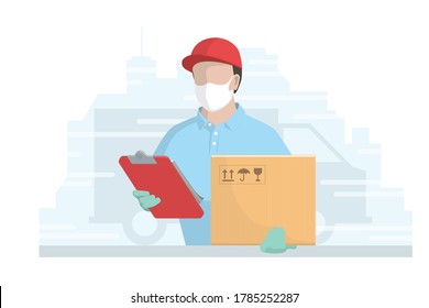 Courier in medical mask on face during the coronavirus pandemic. The parcel delivery man is holding a box and a notebook. Vector flat illustration.