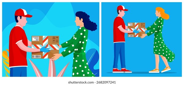 Courier men delivering and taking packages to women. Delivery service concept for online shopping. Package shipping illustration for e-commerce.