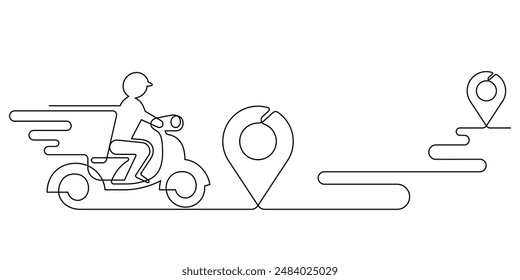 Kurier Messenger mit Map Pin Icon Continuous Line Drawing Einfachheit. Standortverfolgung und Entfernungsmarkierung Vektorillustration für Express-Zustelldienst