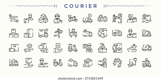 Conjunto de iconos modernos de mensajería. Paquete de iconos mínimos de paquete. Conjunto de pictograma de línea. Conjunto de iconos logísticos. Trazo editable. colección de Vector.