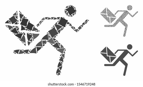 Courier mosaic of abrupt parts in variable sizes and shades, based on courier icon. Vector unequal parts are grouped into mosaic. Courier icons collage with dotted pattern.