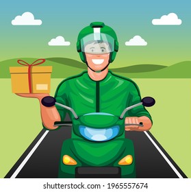 Courier motorbike delivery package to customer online transportation in close up view cartoon illustration vector