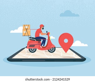 mensajero en motocicleta a través de dispositivo de smartphone