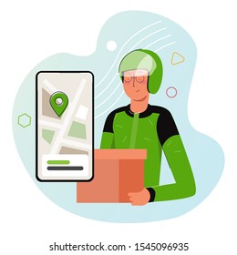 Courier from motorcycle ride-hailing service in Indonesia sending box of food to customer. Wearing green jacket and helmet with smart phone app with map pointer