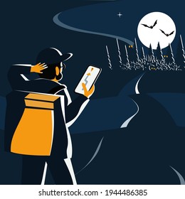 A courier with a navigator is standing on the road in front of a terrible forest. Vector illustration.