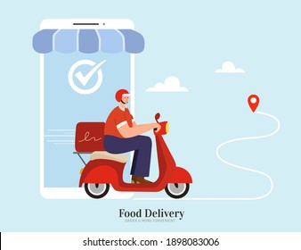 Courier offering fast and safe food delivery service by scooter. Concept of ordering food online via smartphone app. Flat illustration suitable for local delivery or restaurant takeout.