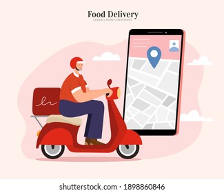 Courier offering fast and safe food delivery service by scooter, tracking the location via app on the smartphone. Flat illustration suitable for restaurant or local food delivery.