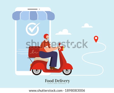 Courier offering fast and safe food delivery service by scooter. Concept of ordering food online via smartphone app. Flat illustration suitable for local delivery or restaurant takeout.