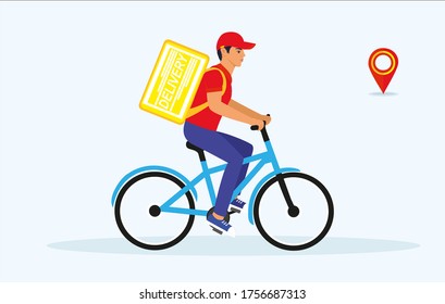Courier on bicycle with box on the back delivering food .Express delivery service. Ecological fast delivery concept. Modern Vector illustration.