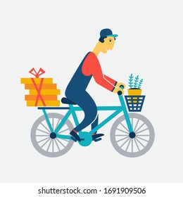 Courier on a bicycle. Cartoon flat illustration
