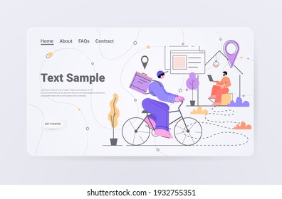 courier on bicycle delivering food for businessman freelancer delivery service concept horizontal full length copy space vector illustration