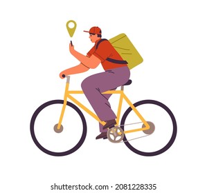 Courier on bicycle, delivering food and goods. Deliveryman with bag riding bike, looking for route in smartphone. Man with backpack cycling. Flat vector illustration isolated on white background