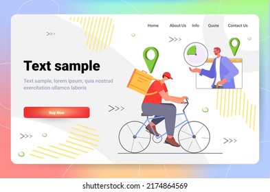 courier on bicycle delivering food for businessman online delivery service concept horizontal