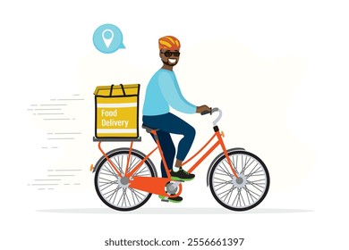 Courier on bicycle, delivering food, goods. Deliveryman with bag riding bike. Eco-friendly bike delivery. African american man with backpack cycling. vector illustration isolated on white background