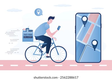 Courier on bicycle, delivering food, goods. Deliveryman with bag riding bike. Eco-friendly bike delivery. Navigation app with map and location pins. vector illustration isolated on white background