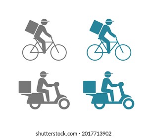 Courier on bicycle and motorbike scooter with box delivery icon.