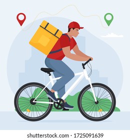 Courier on bicycle with parcel box. Bike delivery service concept. Vector illustration in flat style