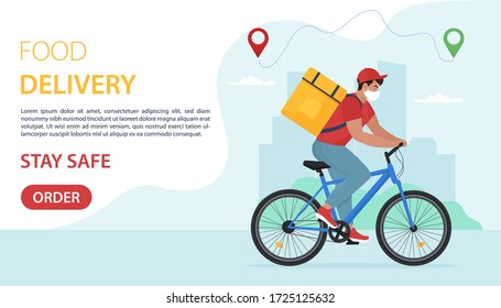 Courier on bicycle with parcel box. Bike delivery service concept. Fast delivery food concept under conditions of coronavirus. Landing page or banner. Vector illustration in flat style