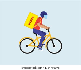 Courier en bicicleta con una caja de paquetes en la parte trasera entregando comida En la ciudad. Concepto de entrega rápida ecológica. Diseño de página de inicio. Ilustración moderna de vectores para sitios web