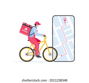 Kurier auf dem Fahrrad mit Paketschachtel auf der Rückseite liefern Essen In der Stadt. Online Bestellung.