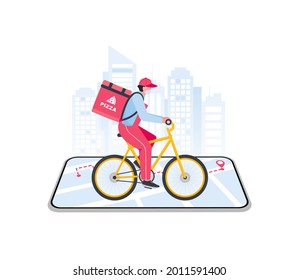 Courier on bicycle with parcel box on the back delivering food In city. Online ordering.