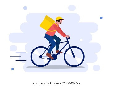 Courier on bicycle with trunk case box. Liquid abstraction background. Design element for banner, poster, advertising, promo. Food delivery app concept cartoon vector illustration. Flat