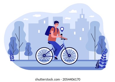 Courier on bike delivering order using GPS. Man deliveryman riding bicycle getting products tracking address online on smartphone app. Delivery service concept. Flat cartoon vector illustration.