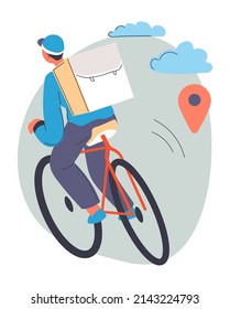 Courier on bike liefern Produkte und Waren online bestellt. Männlicher Charakter auf dem Fahrrad Suche nach Lage, Abholung, Service von Restaurant und Café. Versand. Vektorgrafik auf ebene