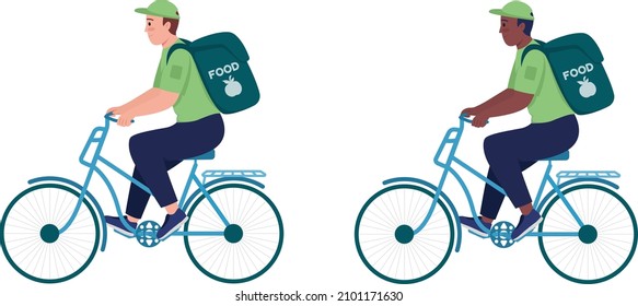 Courier on bike semi flat color vector character set. Posing figure. Full body people on white. Delivery isolated modern cartoon style illustration for graphic design and animation bundle