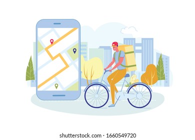 Courier on City Background Riding Bicycle with Backpack Behind his Back Flat Cartoon Vector Illustration. Phone Screen with Map and Geotags. Delivery Man Following Route to Give Order.