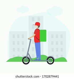 A courier on an electric scooter delivers the ordered food around the city. Vector illustration.