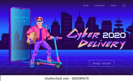 Courier on electric scooter. Futuristic city. Delivery service. Vector illustration in synthwave style. Cool smartphone. Neon title "Cyber delivery 2020"