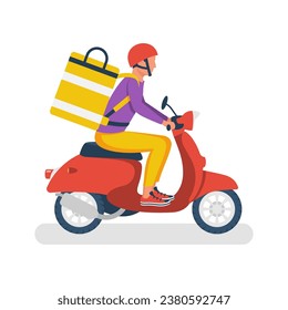 Courier on a moped. Fast delivery. A young guy with a big bag. Express delivery of food and goods. Man riding motorcycle.  Vector illustration flat design. Isolated on white background.