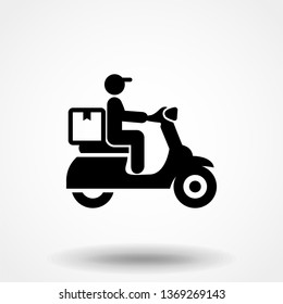 Courier on a motor scooter black icon, vector sign on isolated background. Courier on a motor scooter concept symbol, illustration