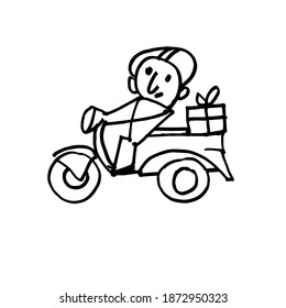 A courier on a motor scooter. A hand-drawn cartoon character. Black and white Doodle illustration