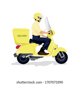 A courier on a motor scooter. In shirt and trousers. He's wearing a helmet. Branded yellow color. Fast delivery of goods, food, and items. Vector graphics. Flat.