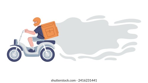 Courier on a motorbike, fast delivery flat cartoon style vector illustration isolated on white background. Male character drive moped, young man in helmet with large backpack. Banner for design