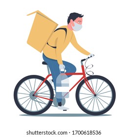 

A courier on a red bicycle, in a medical mask and gloves, delivers food and water. Delivery in
quarantine. Isolated on white background, vector, cartoon illustration.